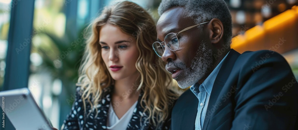 Young woman and older man looking at computer