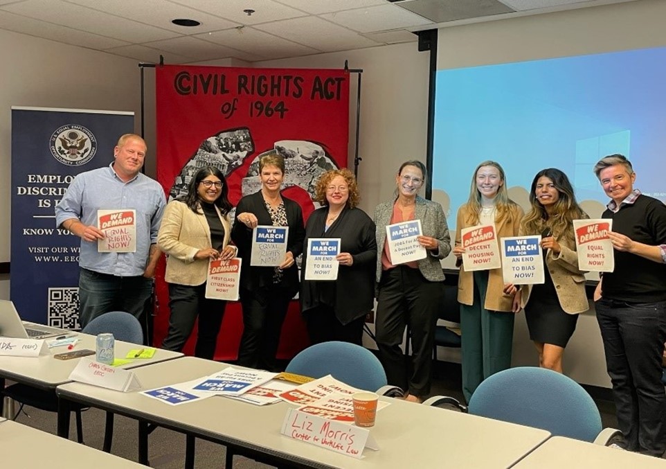 Commissioner Kalpana Kotagal, EEOC San Francisco District Director Nancy Sienko, EEOC San Francisco Deputy Director Christopher Green, and local advocates at the REACH listening session in San Francisco. (Photo: EEOC)