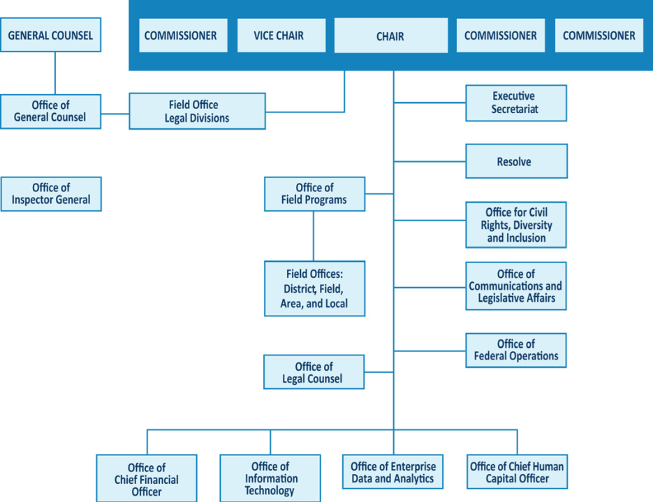 The EEOC leadership consists of the Chair, Vice Chair, three Commissioners, and the General Counsel who each have independent authority and do not report to anyone else at the EEOC. The EEOC accomplishes its mission through component offices with varied reporting structures. Most of the Offices report to the Chair, specifically the Executive Secretariat; RESOLVE; the Office for Civil Rights, Diversity, and Inclusion; the Office of Communications and Legislative Affairs; the Office of the Chief Financial Officer; the Office of Information Technology; the Office of Enterprise Data and Analytics; the Office of the Chief Human Capital Officer; the Office of Legal Counsel; the Office of Federal Operations; and the Office of Field Programs. The EEOC’s 53 District, Field, Area, and Local Offices report to the Office of Field Programs. The Office of General Counsel reports to the General Counsel and the Field Office Legal Divisions report to the Office of General Counsel; however, the Chair retains operational authority over those offices. Lastly, the Office of Inspector General is independent and does not report to any other office.