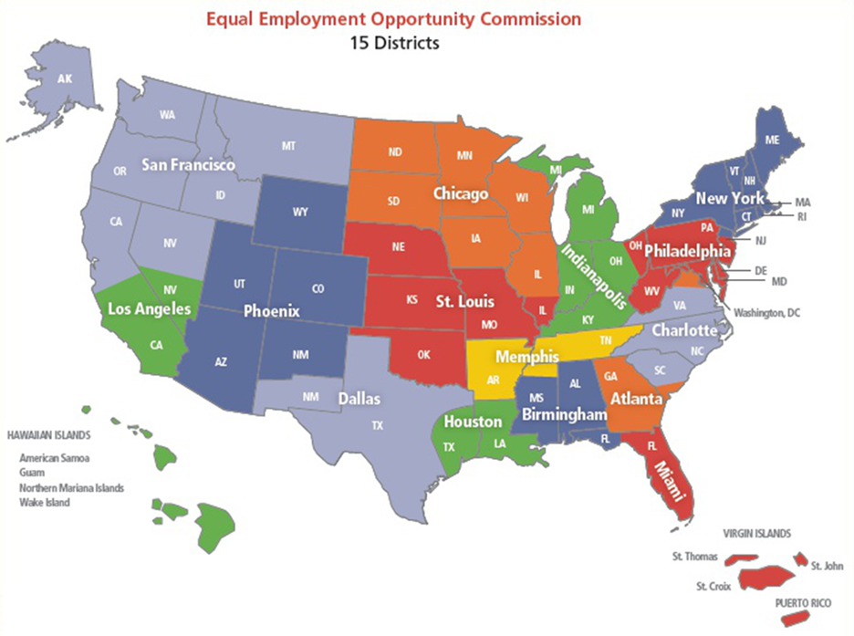 A map of the United States showing how the EEOC is divided into 15 Districts. The 15 Districts are:
San Francisco;
Los Angeles;
Phoenix;
Chicago;
St. Louis;
Dallas:
Houston;
Indianapolis;
Memphis;
Birmingham;
New York;
Philadelphia;
Charlotte; 
Atlanta; 
Miami